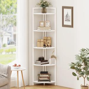 FATORRI Tall Corner Shelf, 5 Tier Modern Corner Bookshelf Stand, Wood and Metal Corner Plant Bookcase for Living Room, Home Office (White Oak), 14.17D x 14.17W x 65.94H in