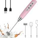 YUSWKO Pink Milk Frother Handheld with 3 Heads, Coffee Whisk Drink Foam Mixer with USB Rechargeable 3 Speeds, Electric Hand Frother for Latte, Cappuccino, Hot Chocolate, Egg