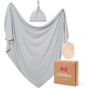 Stretchy Swaddle Blanket for Newborns with Hat & Hello World CardSoft Baby Swaddles 0-3 Months,47"x 47"Supersoft Swaddle Blanket,Receiving Blanket for Boys & Girls (Storm)