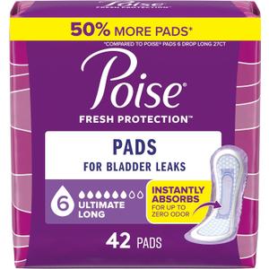 Poise Incontinence Pads & Postpartum Incontinence Pads, 6 Drop Ultimate Absorbency, Long Length, 42 Count