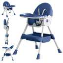 Baby High Chair, 5 in 1 High Chairs for Babies and Toddlers, Travel Foldable High Chair with Detachable PU Cushion, Double Removable Tray, Adjustable Height & Recline, Locking Wheels (Navy Blue)