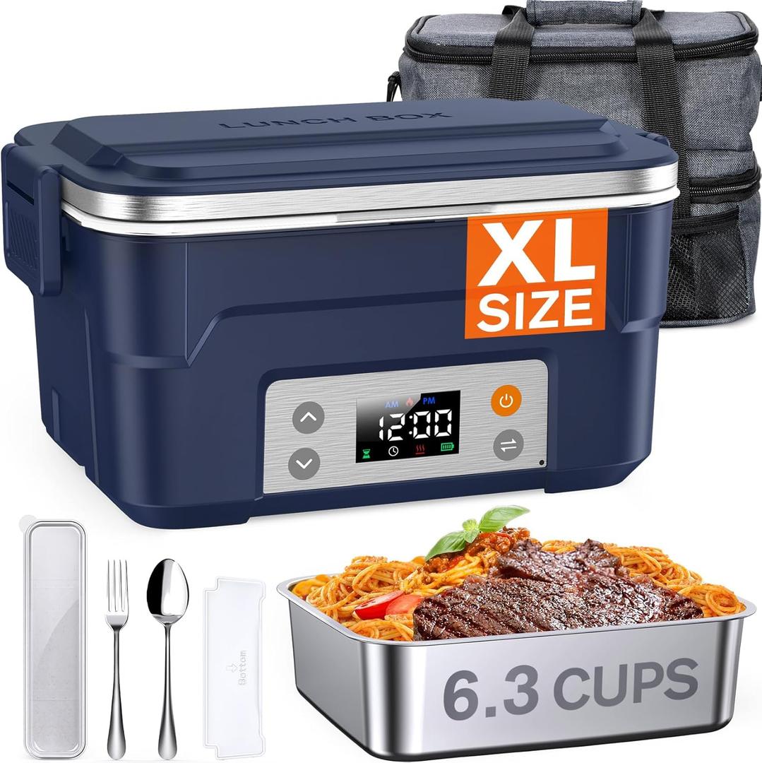 EAST OAK XL 6.3-Cup Cordless Electric Lunch Box for Adults, Heated Lunch Box for Men with Scheduled Heating, Portable Car Food Warmer with Utensils, Two-Tier Bag, Removable Divider (Extra Large, Blue)