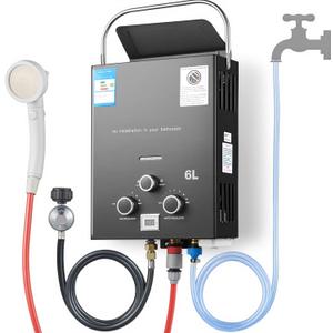 Portable Propane Water Heater Tankless, 1.58 GPM 6L Outdoor Gas Propane Water Heater, Instant On Demand Hot Water with Handle for RV, Camping, Barns, Boat Cabins