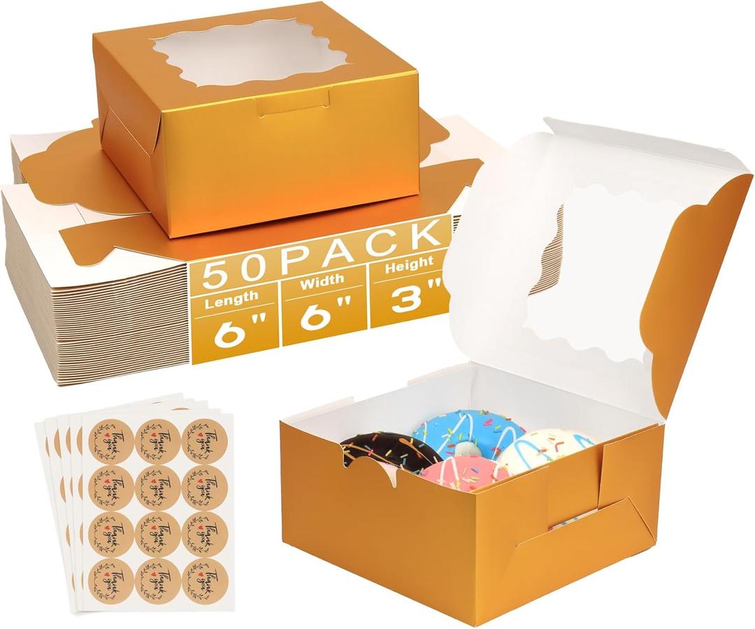50Pcs Gold 6x6x3 Cookie Boxes, Bakery Boxes for Baked Goods, Cookies, Pastry, Strawberries, Macarons, Gold