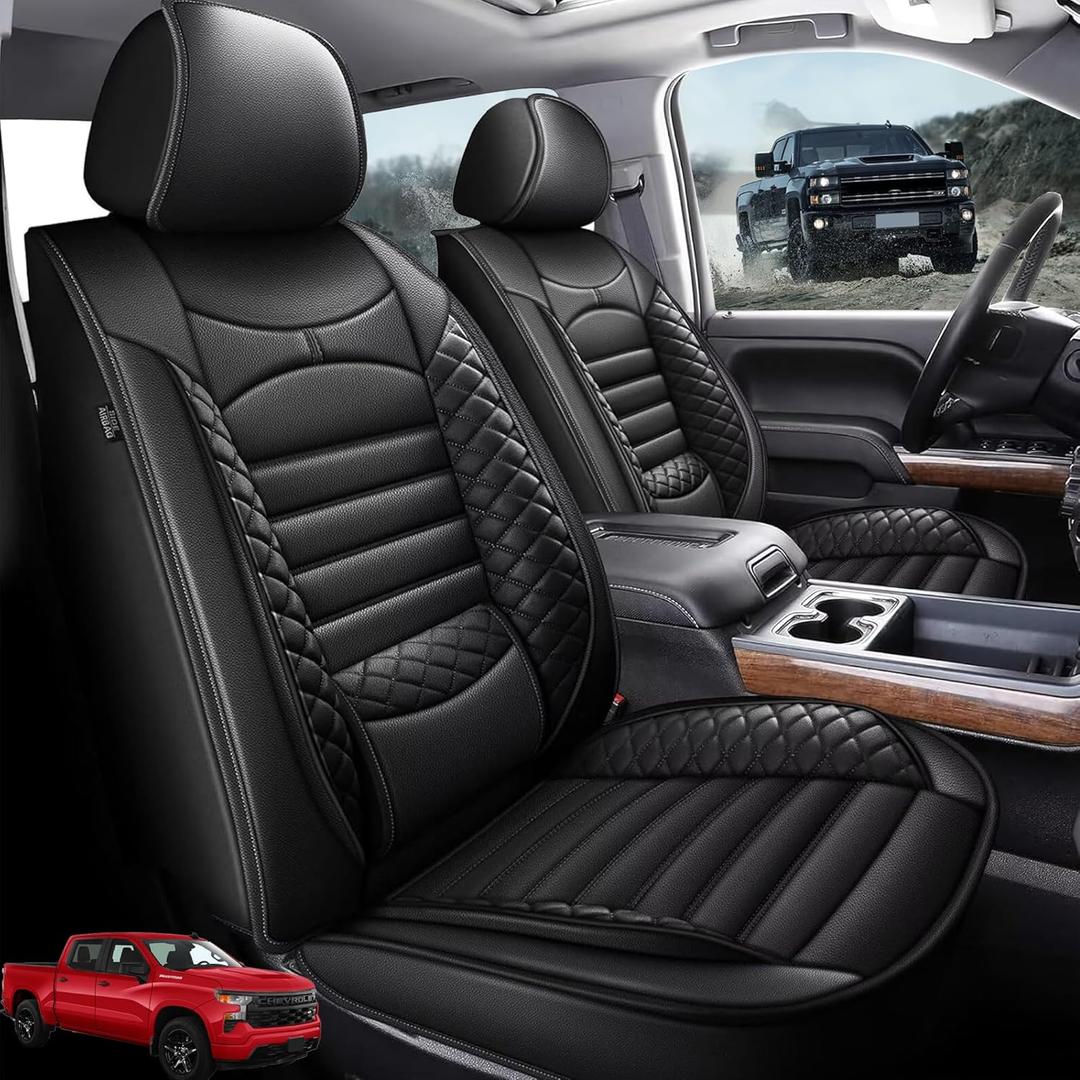 AOMSAZTO Seat Covers Fit for Chevrolet/Chevy Silverado 2007-2025 2026 GMC Sierra Silverado 1500 2500HD 3500HD Trail Boss Z71 Crew Double Extended Cab Leather Truck Seat Covers Full Set (Black)