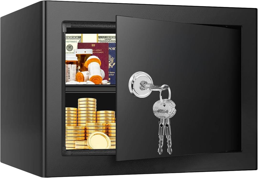 1.3 Cubic Feet Fireproof Safe Box with Key Lock, Hidden Steel Security Box with Removable Shelf for Cash, Jewelry, Passports and Medications, Personal Safes for Home/Office, 9.84"D x 13.78"W x 9.84"H