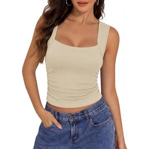 Women's Wide Strap Square Neck Tank Top Ruched Side Cute Stretch Trendy 2026 Casual Going Out Tops