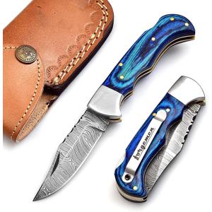 FM807 Pocket knife, Folding Clip Damascus Handmade Custom for Men Cool Good Camping Hunting Fishing & s Activities EDC Knives Leather Sheath Knife., Blue (Blue)