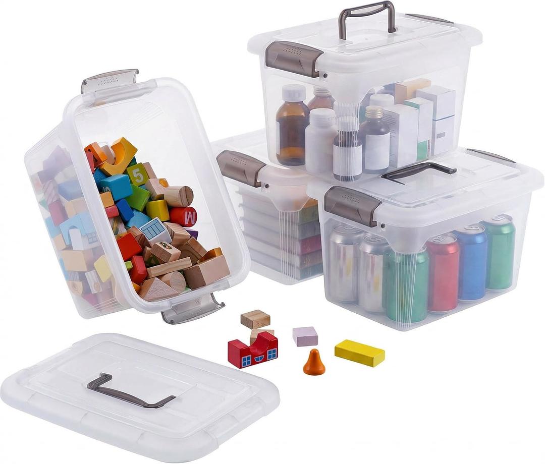 Citylife 4 Packs 6 QT Storage Bins with Lids Clear Plastic Bins with Grey Handle Stackable Storage Containers for Organizing