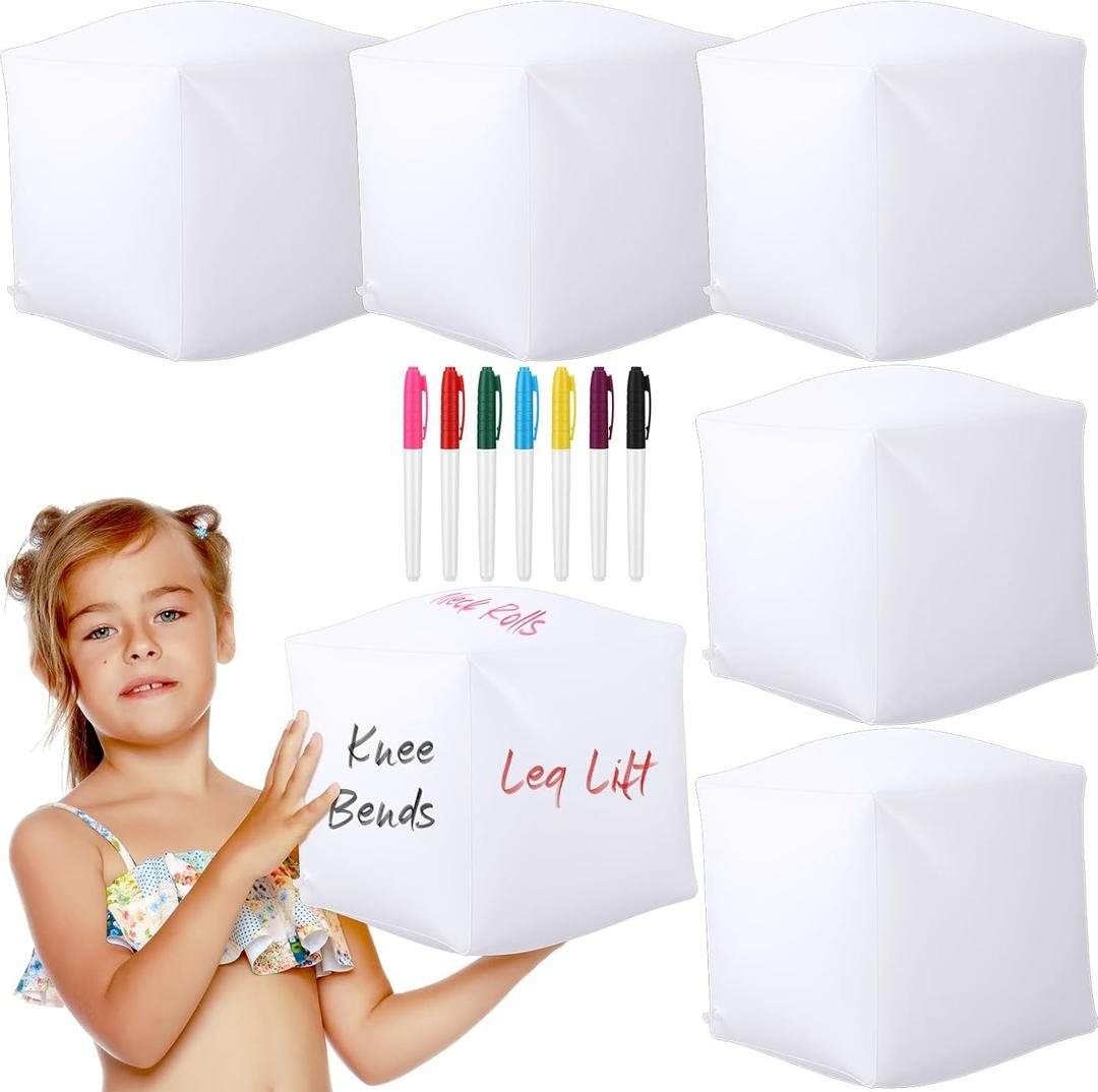 6 Pcs Jumbo Inflatable Dice 11.8 Inch DIY Blank Giant Inflatable Jumbo Dice PVC Reusable Toy with 7 Pcs Colorful Marker Pens or Write for Indoor Outdoor Game Activity Pool Party