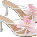 MakeMeChic Women's Open Toe Floral Kitten Heels Flower Summer Beach Sandals (White, 6.5)