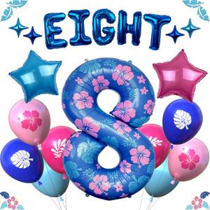 Blue Alien Birthday Decorations 40 Inch Number Balloon Set 8 with Letter Balloons, Star Foil Balloons and Printed Latex Balloons for Kids Cartoon Tropical Party Decor