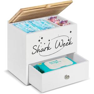 Tampon Holder for Bathroom Decor and Storage, Wood Feminine Product Organizer with Drawer Lid, Shark Week Bathroom Organizer, Pad and Tampon Organizer for Bathroom Accessories, Cotton Ball/Swab Holder
