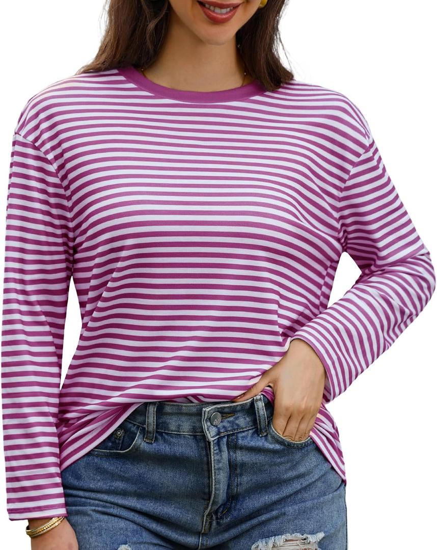 Gardenwed Long Sleeve Shirts for Women Striped Crewneck Loose Fit Basic Tops 2025 Fall T-Shirt (Pink, XL)