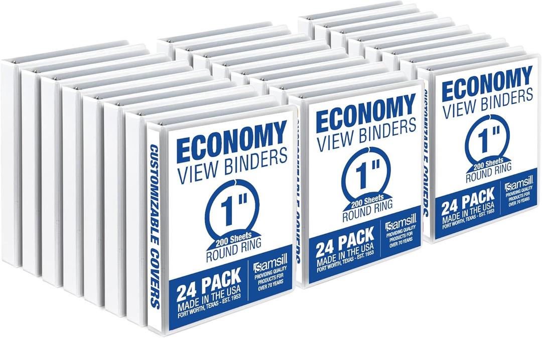 Samsill 1 Inch 3 Ring Binders, Made in USA, Economy Round Ring, Clear View Cover, 200 Sheet Capacity - for School, Home, Office - White, 24 Pack (24-Pack, White)