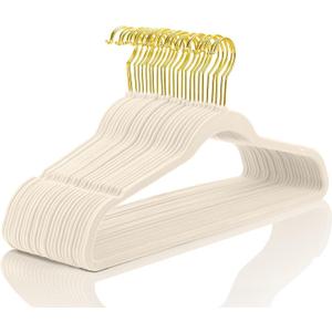 MIZGI Premium Velvet Hangers Pack 60 Pcs Heavyduty - Non Slip Slimline - Velvet Suit Hangers Ivory - Gold Hooks,Space Saving Clothes Hangers
