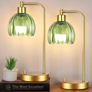 Green Table Lamp Set of 2,Small Glass Bedside Lamps Dimmable Boho Bedroom Lamp with Tulip Flower Lamp Shade,Gold Vintage Mid Century Modern Mini Nightstand Lamp for Bedroom Living Room