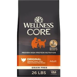 Wellness CORE Adult Dry Dog Food, Grain Free Kibble, Natural, High Protein, Turkey and Chicken Recipe, 26 lb Bag
