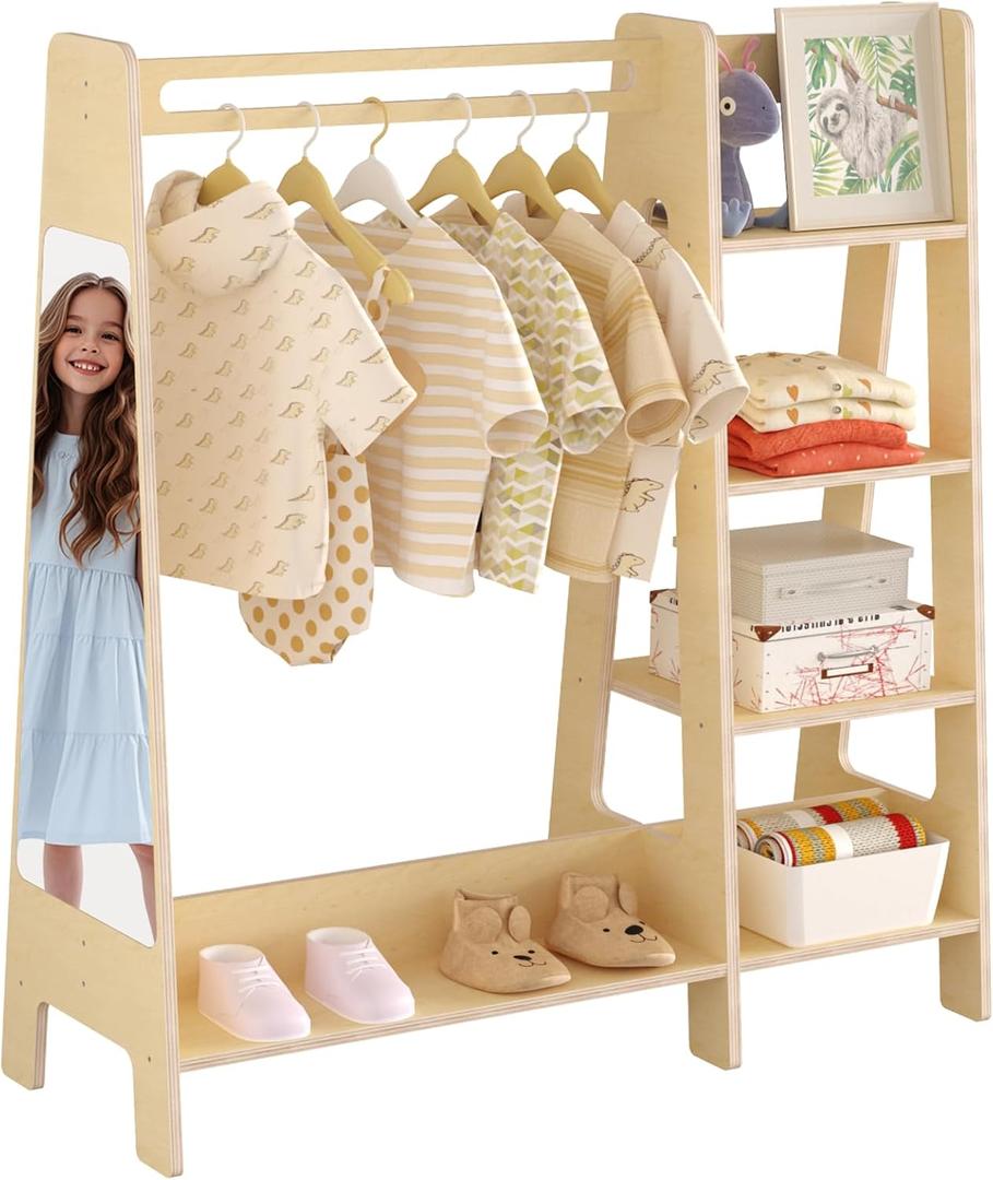 Kids Dress Up Storage with Mirror, Kids Closet with 5 Hanger and Stickers, Opening Hanging Costume Closet Wardrobe for Kids Opening Hanging Costume Closet Wardrobe for Boys and Girls