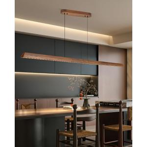 71" Wood Linear Pendant Light, Dimmable Kitchen Island Lighting with Remote, 30W LED Island Lights for Kitchen, Adjustable Linear Chandelier for Dinning Room Light Fixture, Bar, Pool Table - Walnut