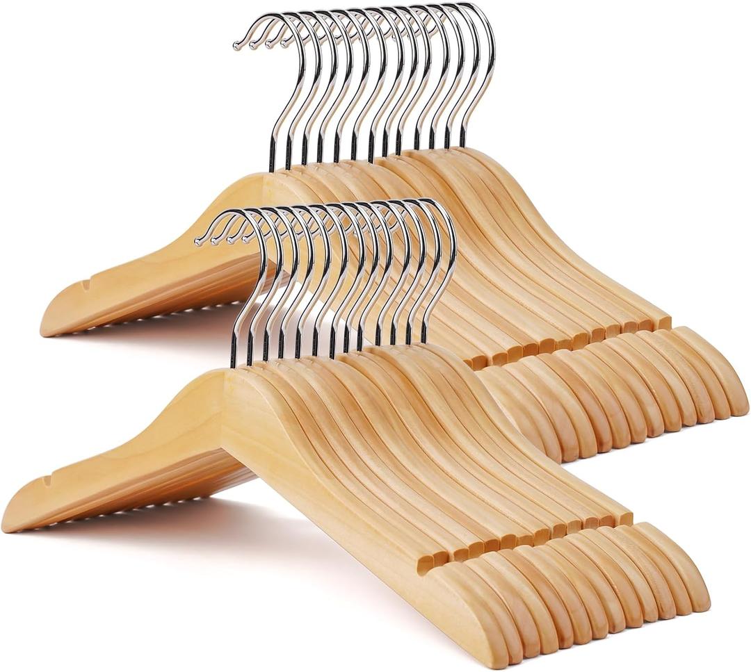 Kid Hangers 30 Pack Soild Wooden Hanger,Natural Smooth Finish Wooden Baby Hangers with Non Slip Notches & Anti-Rust 360 Swivel Hook,Durable Toddler Hanger for Coat,Shirt,Dress
