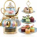 21 Pcs Porcelain Tea Set for Women Tea Party with Metal Holder and 3 Tier Cake Stand Ceramic European Floral Teapot Set for Adults Mother's Day Christmas Thoughtful Gift(Advanced Style)