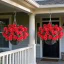GLIDLION 2 Set Artificial Geraniums Flowers with Hanging Baskets for Outdoors - Sun Resistant Silk with Geranium Flowers, Fake Hanging Planters for Front Porch Garden Patio Home Decor (Red)