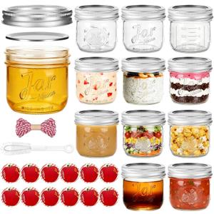 8 oz Wide Mouth Mason Jars with Embossing Pattern&Volume Marks,12 Pack Half Pint Canning Jars with Tags & Brush,Glass Storage Jars with Lids for Yogurt,Overnight Oats,Food Storage,Gift Giving & Crafts