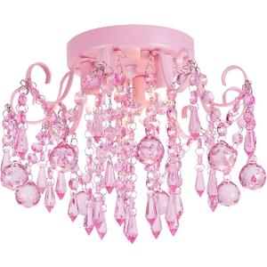 Q&S Mini Chandelier Crystal,Semi Flush Mount Pink Girl Chandelier, Small Crystal Ceiling Light Fixture Bedroom Bathroom Closet Nursery 3 Lights