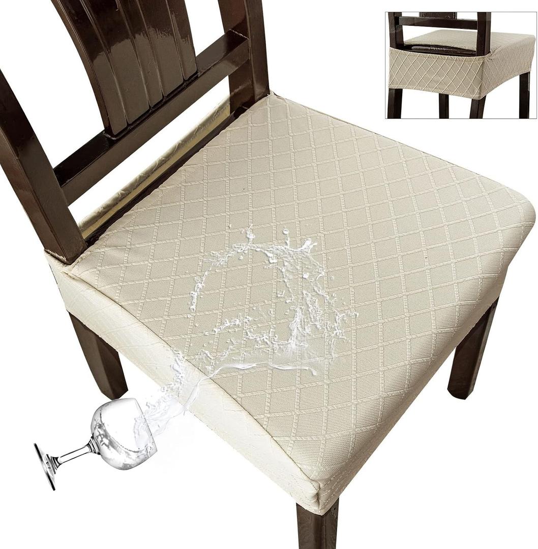 Genina Waterproof Seat Covers for Chairs,Set of 6 Dining Room Chair Seat Covers for Kitchen,Stretch Jacquard Removable Washable Dining Chair Slipcovers Protectors,No Rear Covers, Beige
