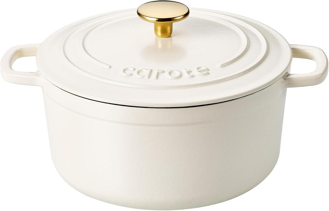 CAROTE Enameled Cast Iron Dutch Oven Pot with Lid, 4 QT Dutch Ovens, Heavy-Duty Cast Iron Pot for Sourdough Bread Baking, Braising, Stews, Roasting, Healthy & Non-Toxic, Dual Handles, All Stovetop Compatible, Oven Safe up to 500 F, Cream White