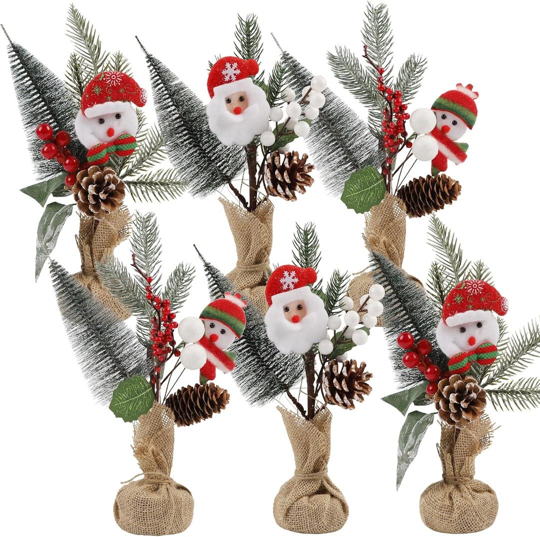 winemana 6 Pcs Small Christmas Tree Table Decorations Indoor, Mini Artificial Trees Plants with Pine Cones Santa Snowman for Tabletop Centerpiece Office Home Kitchen Xmas Holiday Decor