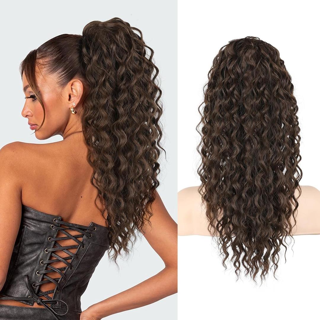 SEIKEA Ponytail Extension, PT005 Isabella 18" Long Bohemian Curly Drawstring Ponytail Light Fluffy Multi Layered Clip in Hair Extensions Ponytail Natural Soft Synthetic Hairpiece Dark Chocolate Brown