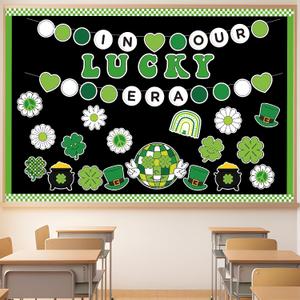 2 x 141Pcs St. Patricks Day Bulletin Board Classroom Decoration Retro Hippie Rainbow Flower Cutouts Shamrock Clover Name Tags Green Border Trim School Chalkboard Supplies Wall Door Decor