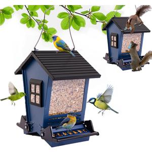 LSCQYYCCSquirrel Proof Bird Feeders for Outdoors Hanging, 5LB Capacity Metal Wild Birdfeeders Outside Hanging, Large Feeder That Attracts Cardinals, Chickadees, and More Birds-One in Blue