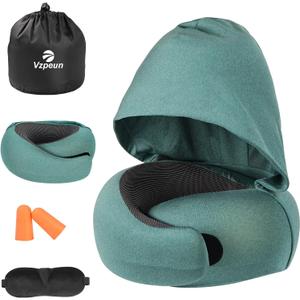 Vzpeun Travel Pillow - Hooded Neck Pillow Airplane Memory Foam Filling for Plane, Office, Cars Sleeping, Road Trip, Long Flights, Portable Plane Accessories, Includes Eye Mask & Earplugs (Green)