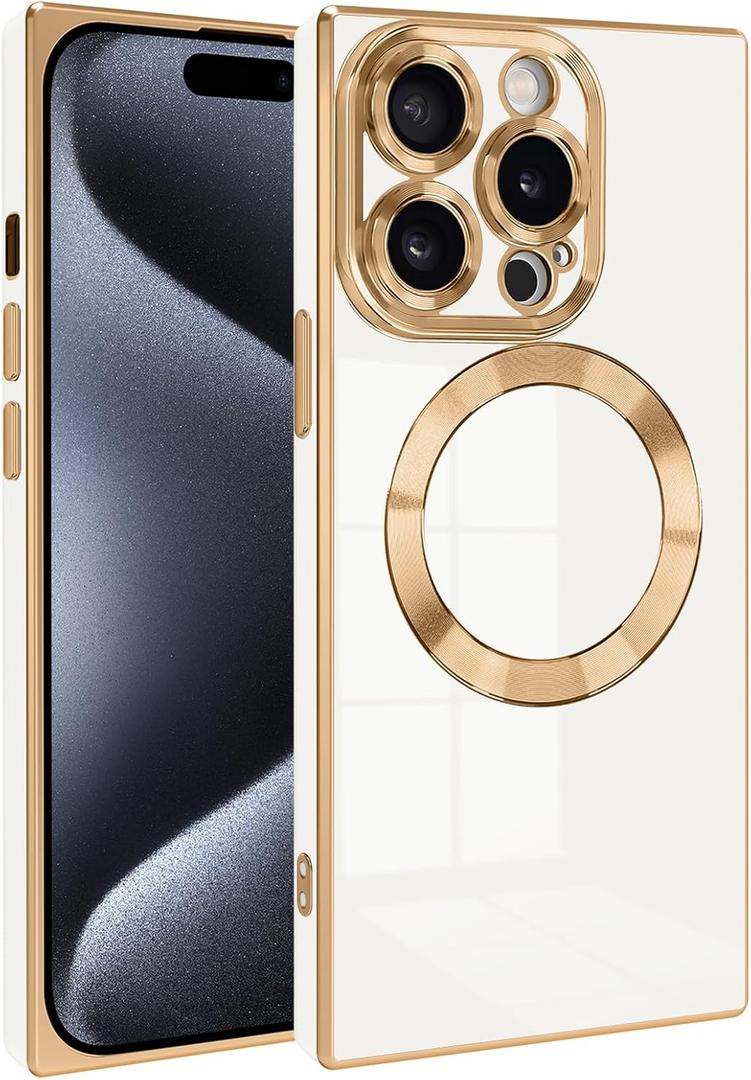 Magnetic for iPhone 14 Pro Case Rectangle, Compatible with Magsafe Wireless, Plated Soft TPU with Full Lens Protection, Military Grade Shockproof Phone Case for iPhone 14 Pro White