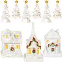 Bbiamsleep 9 Pcs Christmas Mini Village Sets White Resin Miniature Village Houses Trees Figurines Christmas Miniature Houses for Home Xmas Winter Decor