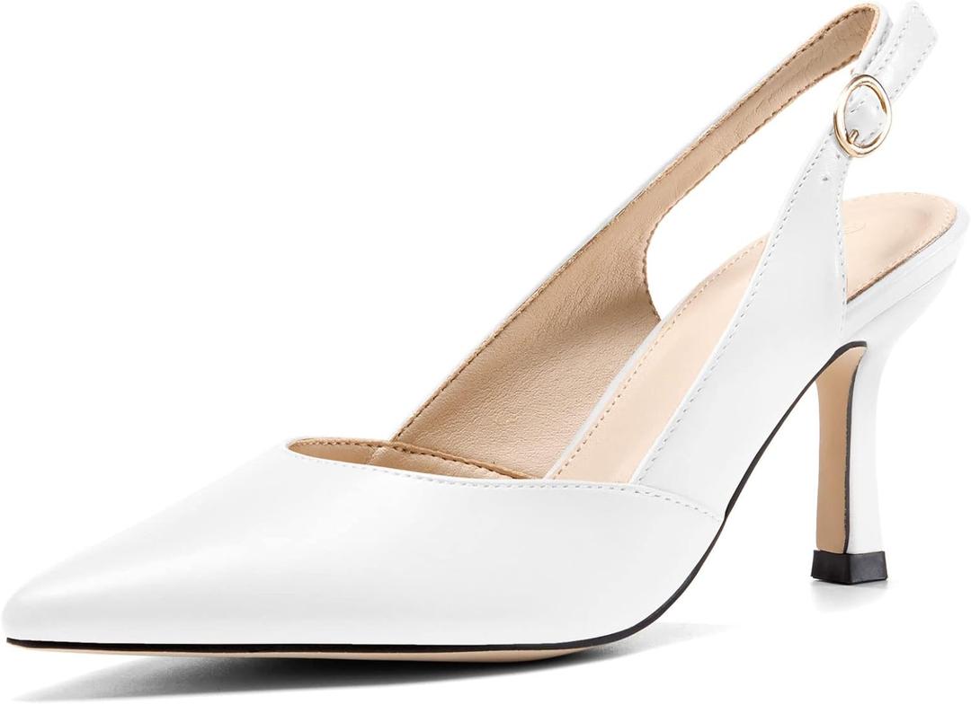 Rilista Women's Slingback Kitten Heels Closed Pointed Toe Backless Wedding Party Dress Pumps Shoes (White)8.5