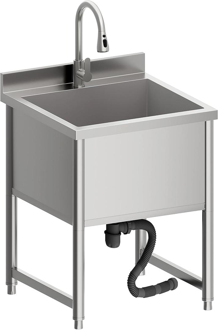 Stainless Steel Commercial Restaurant Sink, Freestanding Large Commercial Sink with Pull-out Faucet for Kitchen Dishwashing, Thawing, Pet Cleaning, Laundry Room, 23.6"D x 21.6"W x 36.8"H