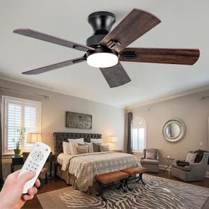 42 Inch Black Ceiling fans with lights and Remote,Low Profile Flush Mount Modern Ceiling Fan with Light, 5 blades,Dimmable LED Light,6 Speed DC Motor,Indoor Outdoor Ceiling Fan for Bedroom