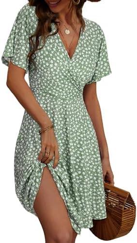 FENSACE Womens Sundress Summer Floral Short Sleeve Wrap V Neck A-Line Midi Dress 2XL Floral-32