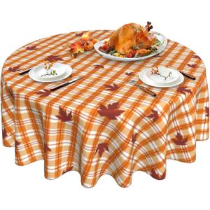 Fall Tablecloth Round 60 Inch Orange Plaid with Maple Leaves Table Cloth for Thanksgiving Party Holiday Home Dining Table Decor