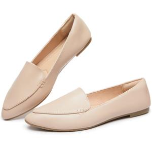 FINIWOR Loafers for Women Flats Shoes Women Pointed Toe Dress Shoes Comfortable Memory Foam Penny Loafers Slip On Shoes(Leather Beige 6/37)