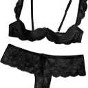 Lilosy Sexy Underwire Floral Lace Sheer Lingerie Set for Women See Through Bra and Panty (Black) X-Large