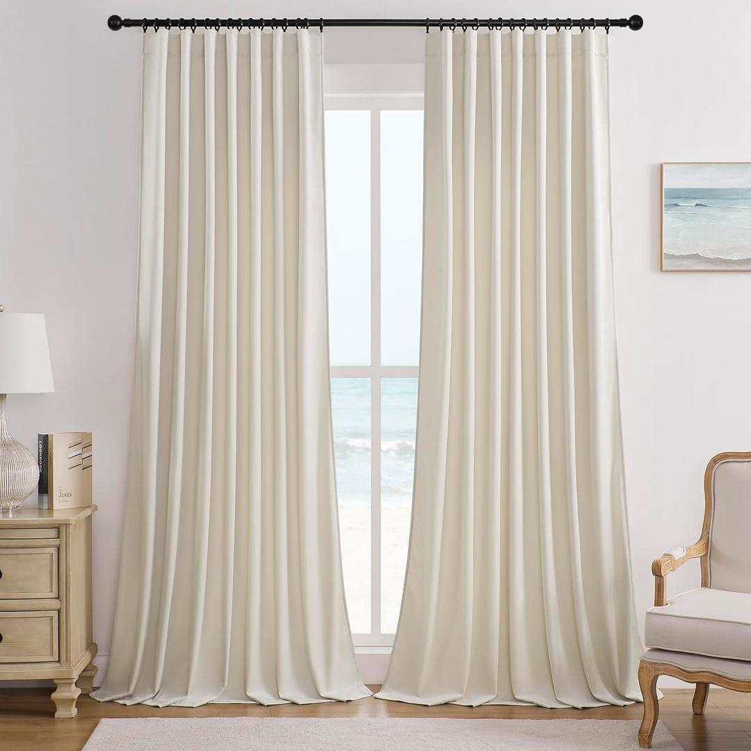 Timeper Beige Cream Pleat Back Tab Velvet Curtains W62 x L84 inches 2 Panels, Room Darkening Solid Home Decor Curtains for Bedroom Living Dining Room Thermal Insulated Luxury Super Soft Window Drapes (62"W x 84"L (Pack of 2), Cream Beige)