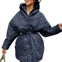 BTFBM Women Button Down Quilted Jacket Coat 2023 Fall Winter Fashion Belt Pockets Removable Padded Hood Puffer Outerwear M Navy