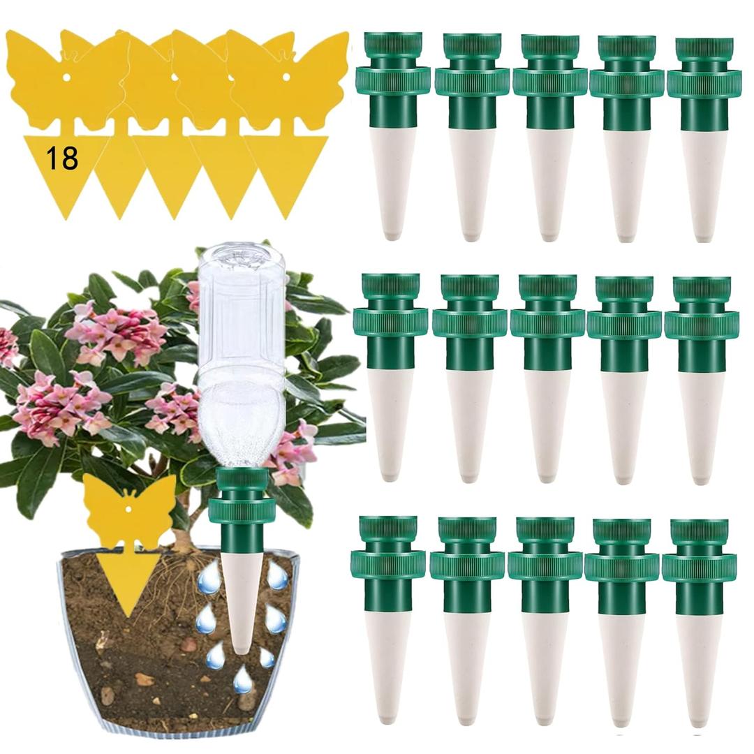 GrembebUpgrade Self Watering Planter Insert,15 Plant Spikes Device Ceramic Stakes + 18 Garden Papers Automatic Drip Irrigation Flower Waterer System for Vacation Outdoor Indoor Home Houseplant Use