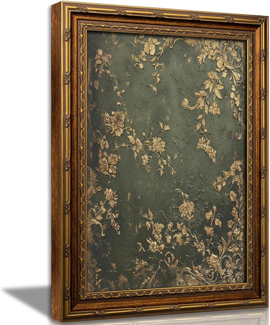 Vexlynora Vintage Gold Framed Dark Green Floral Wall Art - Ornate Gold Flower Canvas luxurious Textured Cottagecore Flower Picture Wall Decor for Living Room Bedroom Farmhouse Home 16X24in
