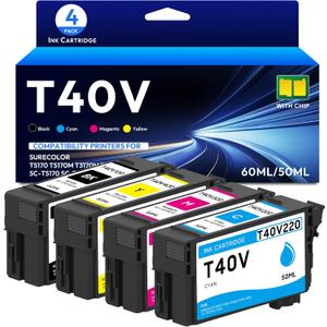 T40V Ink Cartridge Set (with New Chip) 60ML High Capacity Remanufactured T40V120 T40V220 T40V320 T40V420 Ink Cartridge Replacement for SureColor T2170 T3170 T3170M T5170 T5170M Printer Ink, 4-Pack